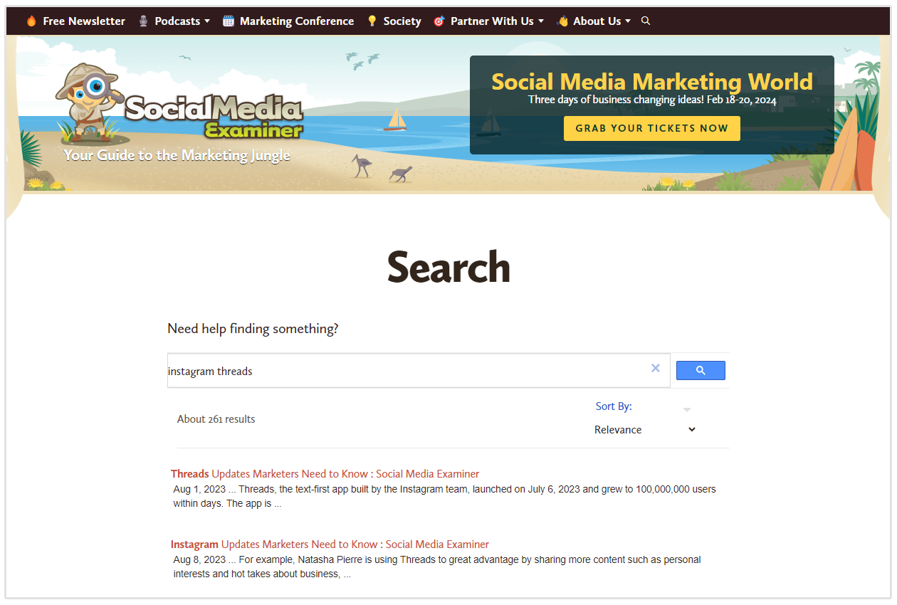 internal site search on social media examiner